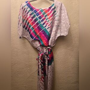 Vintage 80s Abstract Colorblock Dress | Batwing Sleeve Waist Tie Dress